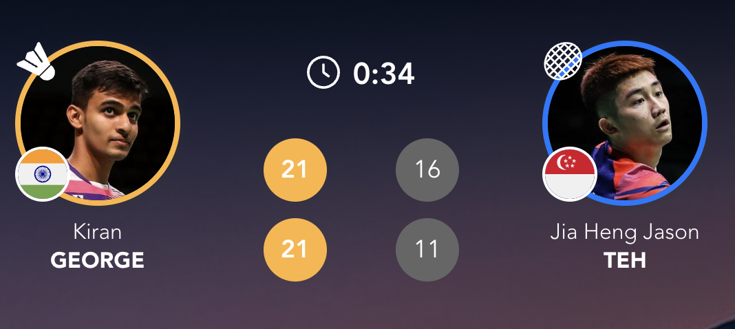 基兰🇮🇳 21-16、21-11 🇸🇬郑加恒下轮：周天成 vs 🇮🇳
