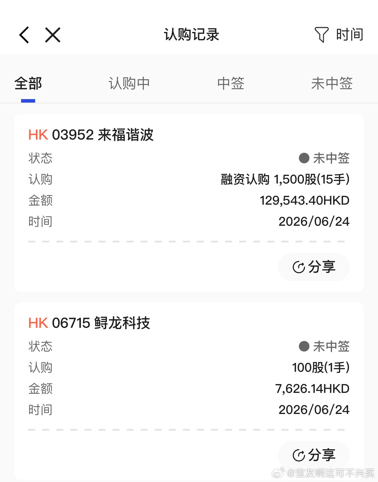 可恶啊可恶！打新又没中！我的融资认购费又又又打水漂了！谁中了让我羡慕羡慕？？沾沾