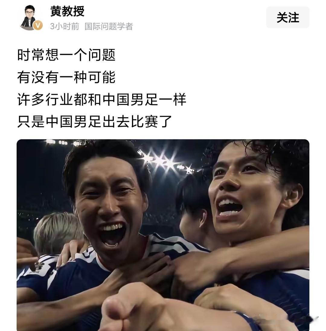 这位国际问题学者问道：有没有一种可能，许多行业都和中国男足一样，只是中国男足出去
