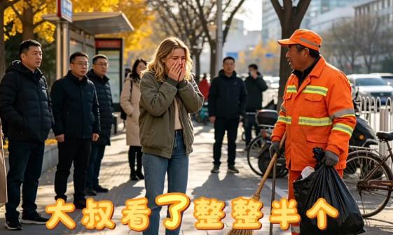 美国姑娘在北京街头，盯着环卫大叔看了很久，忽然捂着脸失声痛哭
金发外国姑娘站路边