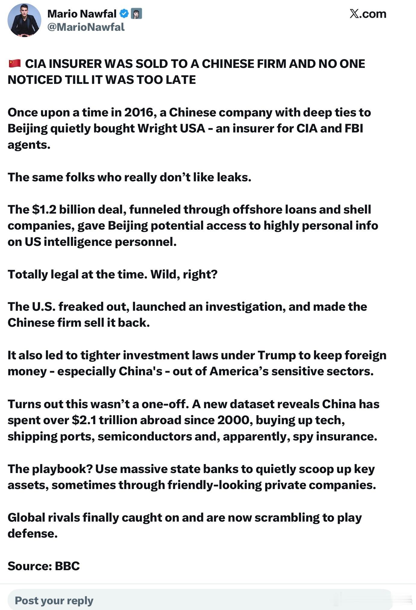 BBC：CIA 員工保險公司竟然悄悄地被中資買下，而美國政府直到事後才驚覺。20