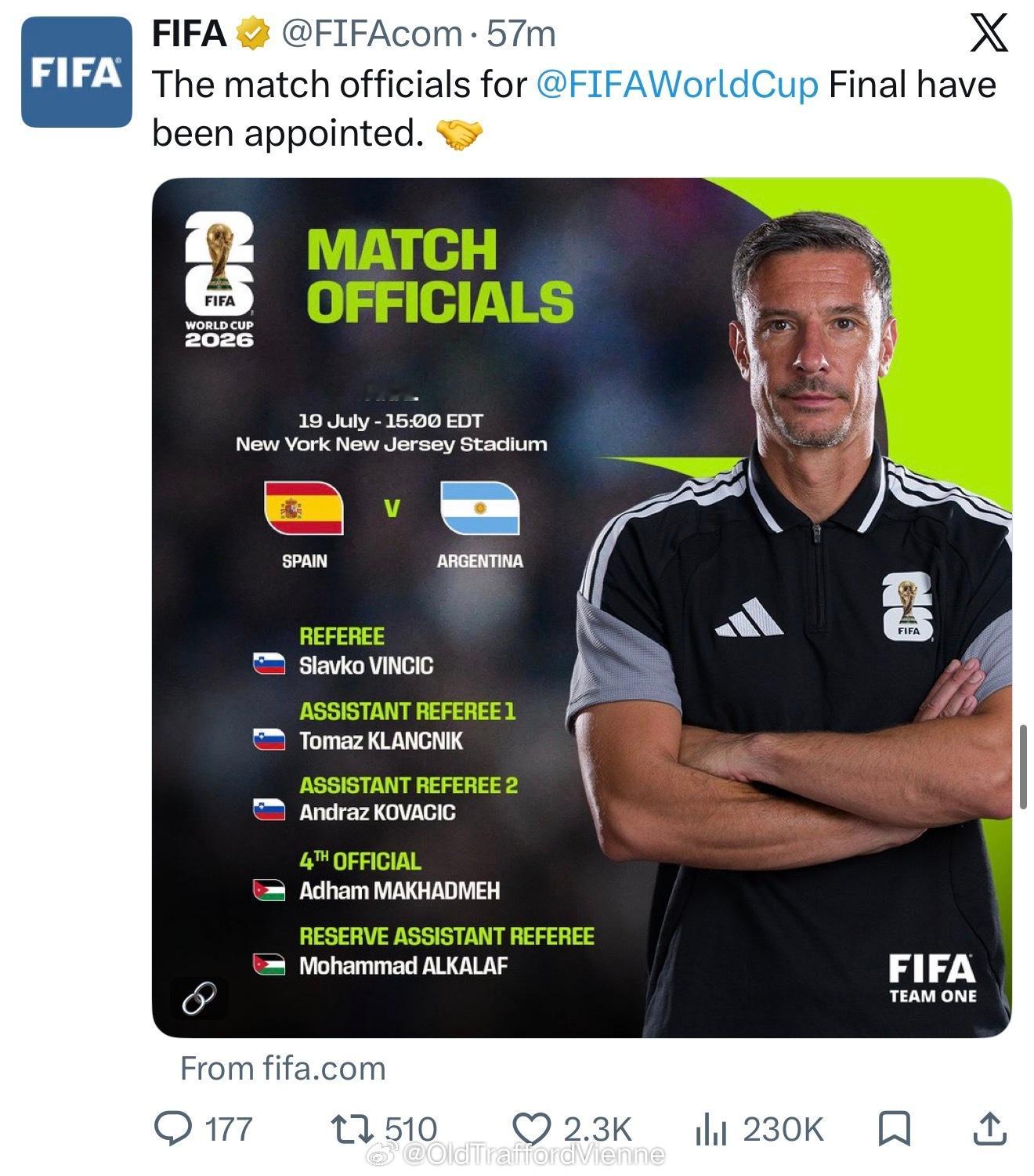 国际足联宣布阿根廷对阵西班牙的世界杯决赛裁判团体确认FIFA回应是否处罚阿根廷