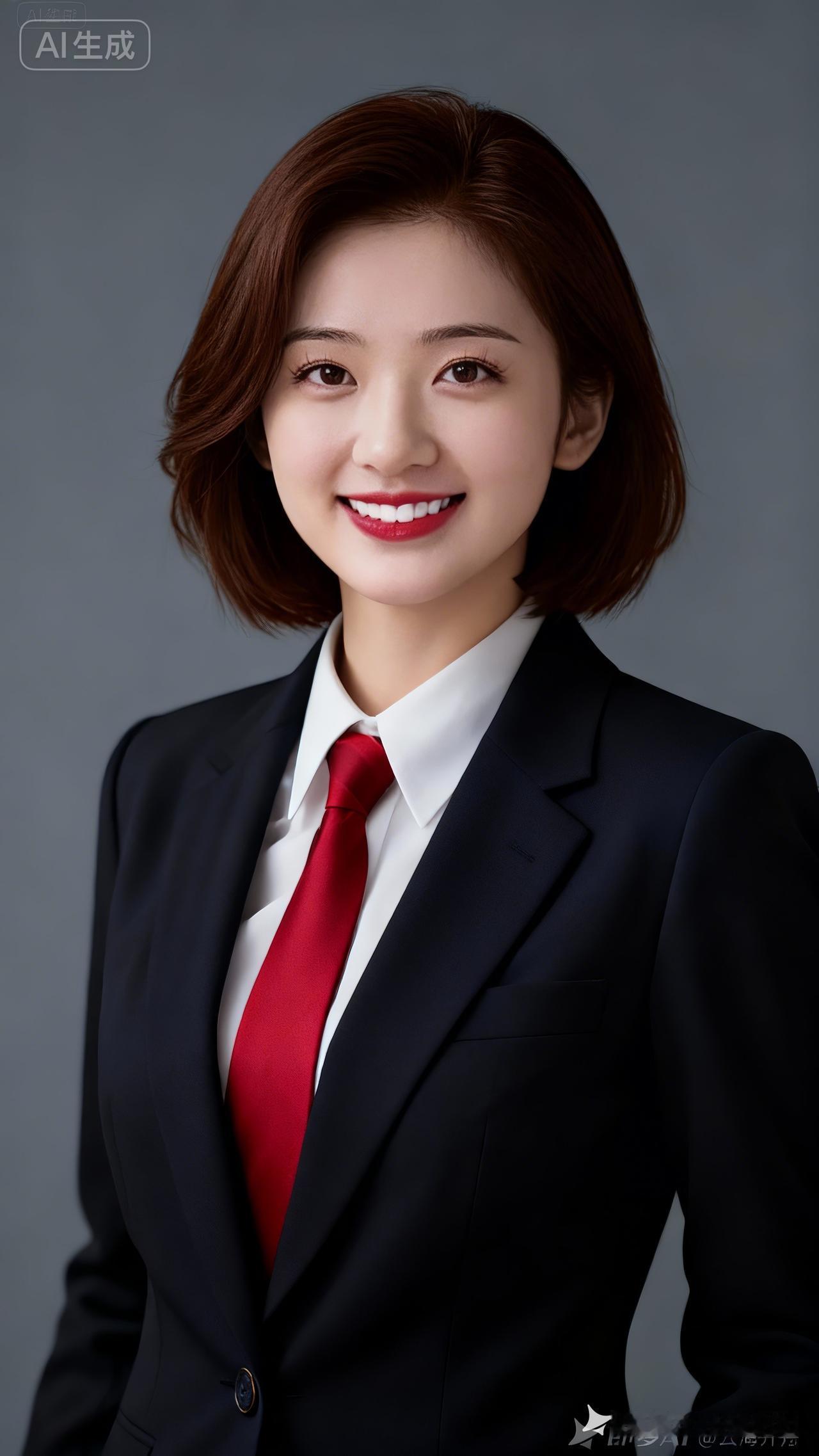 中国女性职业头像，居中构图，深色商务套装搭白衬衫红领带，发型齐整，灰色背景不抢镜