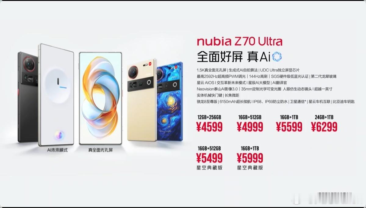 努比亚Z70 Ultra  价格来了，4599起，星空典藏版，5499起。 