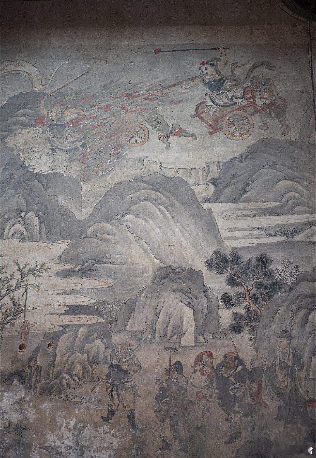 陕西韩城大禹庙的清代孙悟空大战红孩儿壁画，选取了四个画面，形象生动地描绘了神话小