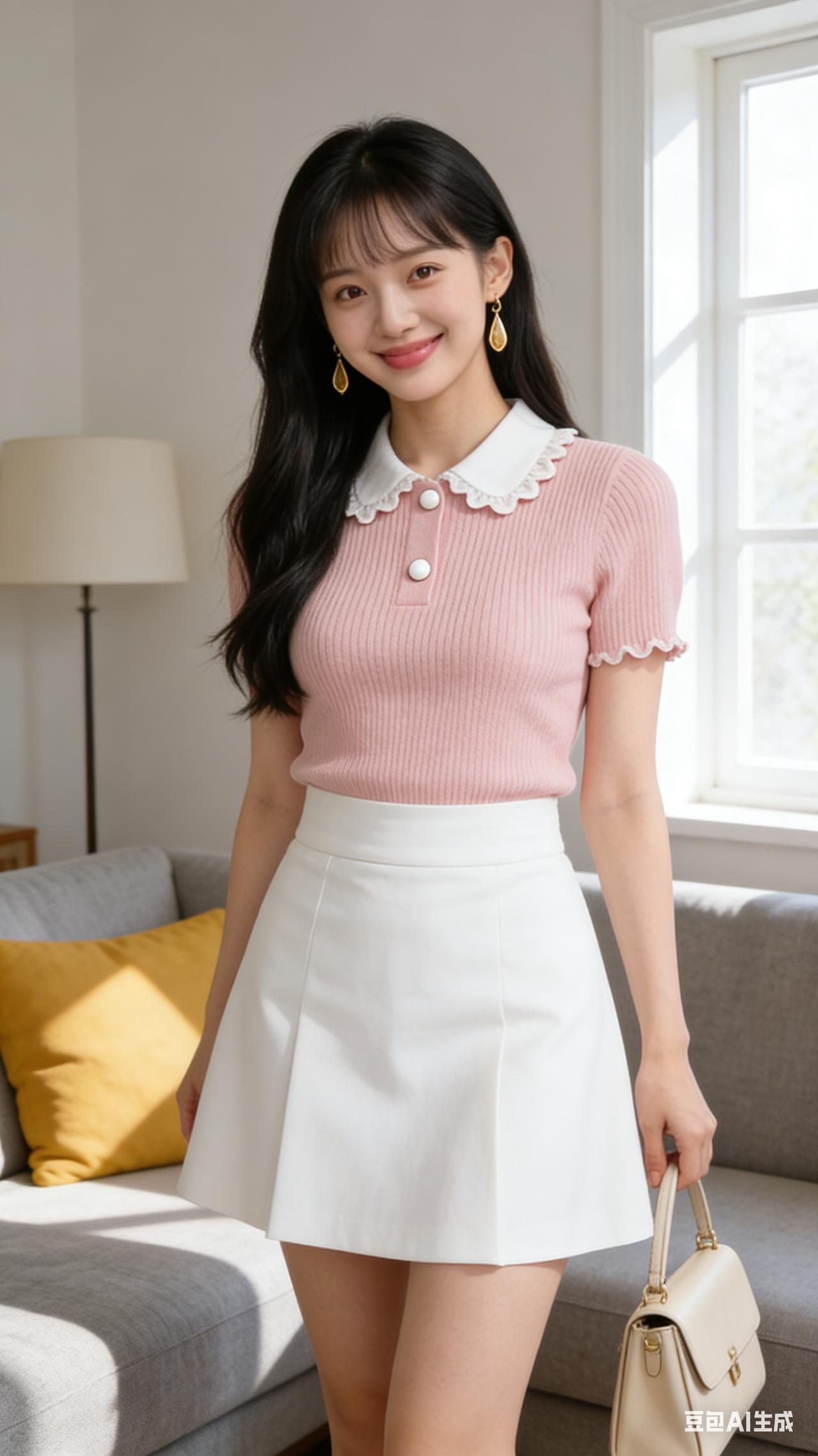 主体细节：
一位年轻东亚女性，长发柔顺黑亮带空气刘海，五官精致甜美；佩戴精致金色