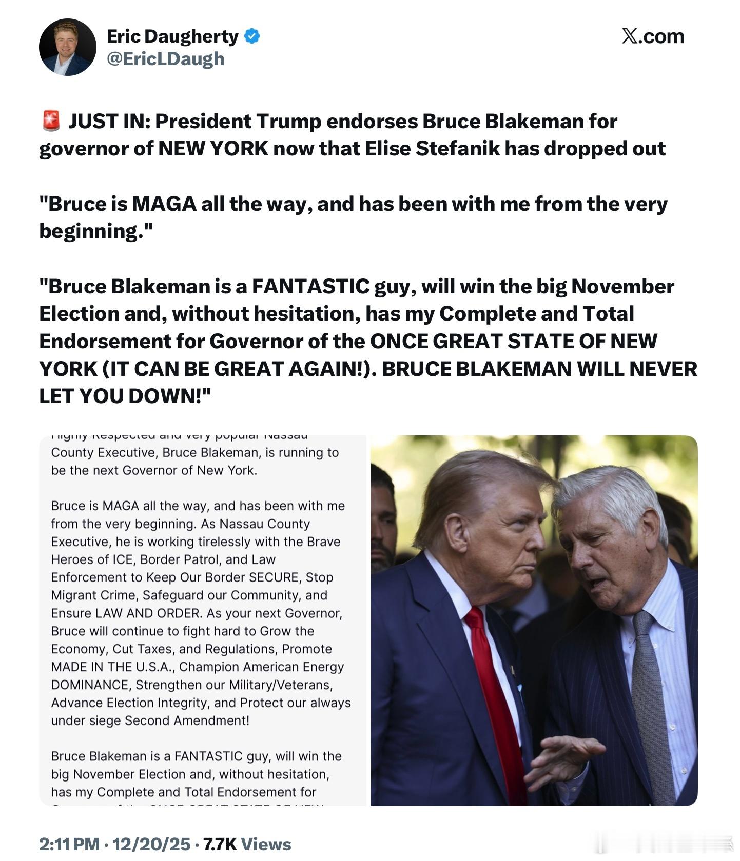 昨天伊莉絲·斯特凡尼克宣佈退出紐約州州長競選，今天川普總統宣布支持布魯斯·布萊克