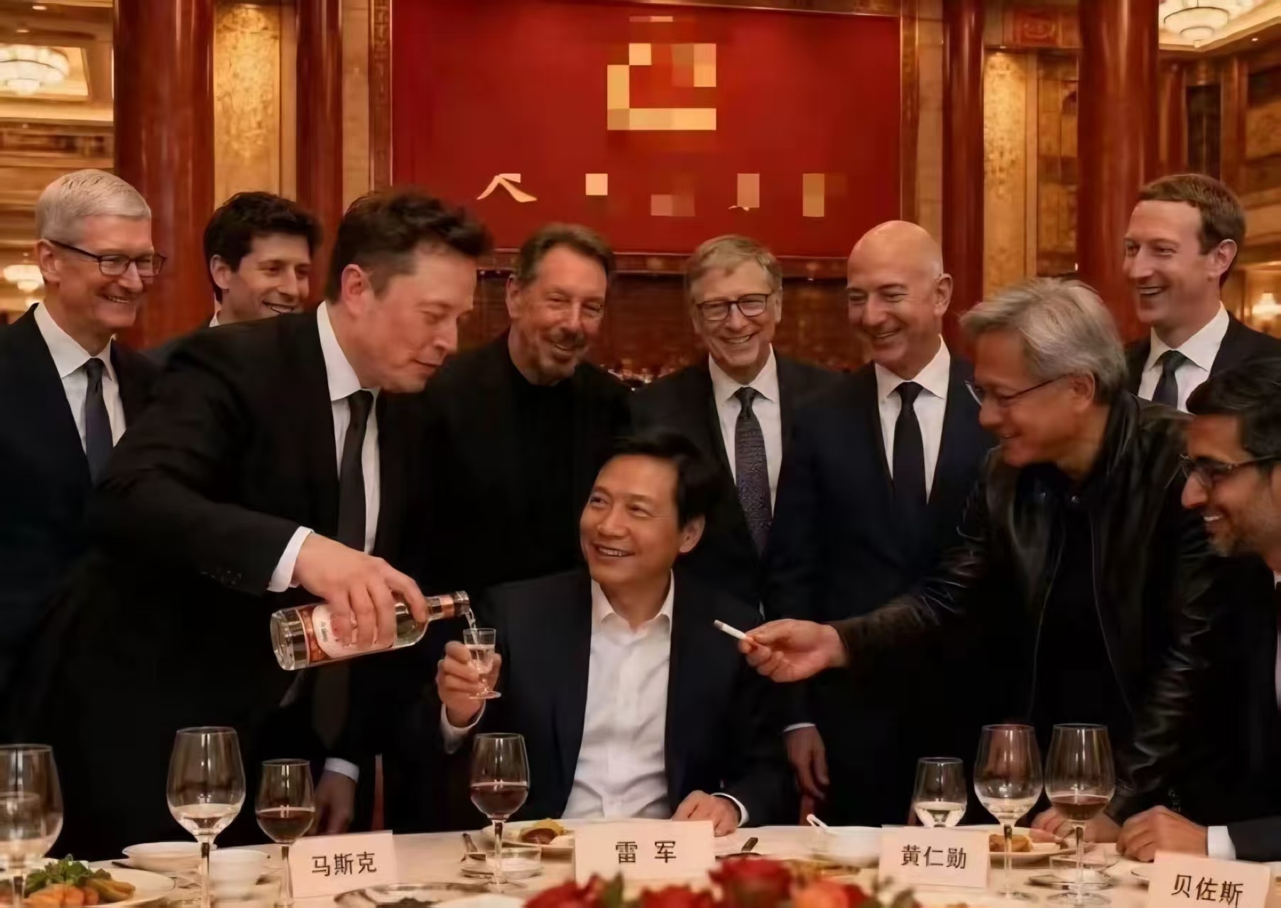 秦岭笑谈 这是雷总最想看的场景，马总敬酒，黄总递烟，背后一群大佬，就差个点烟的