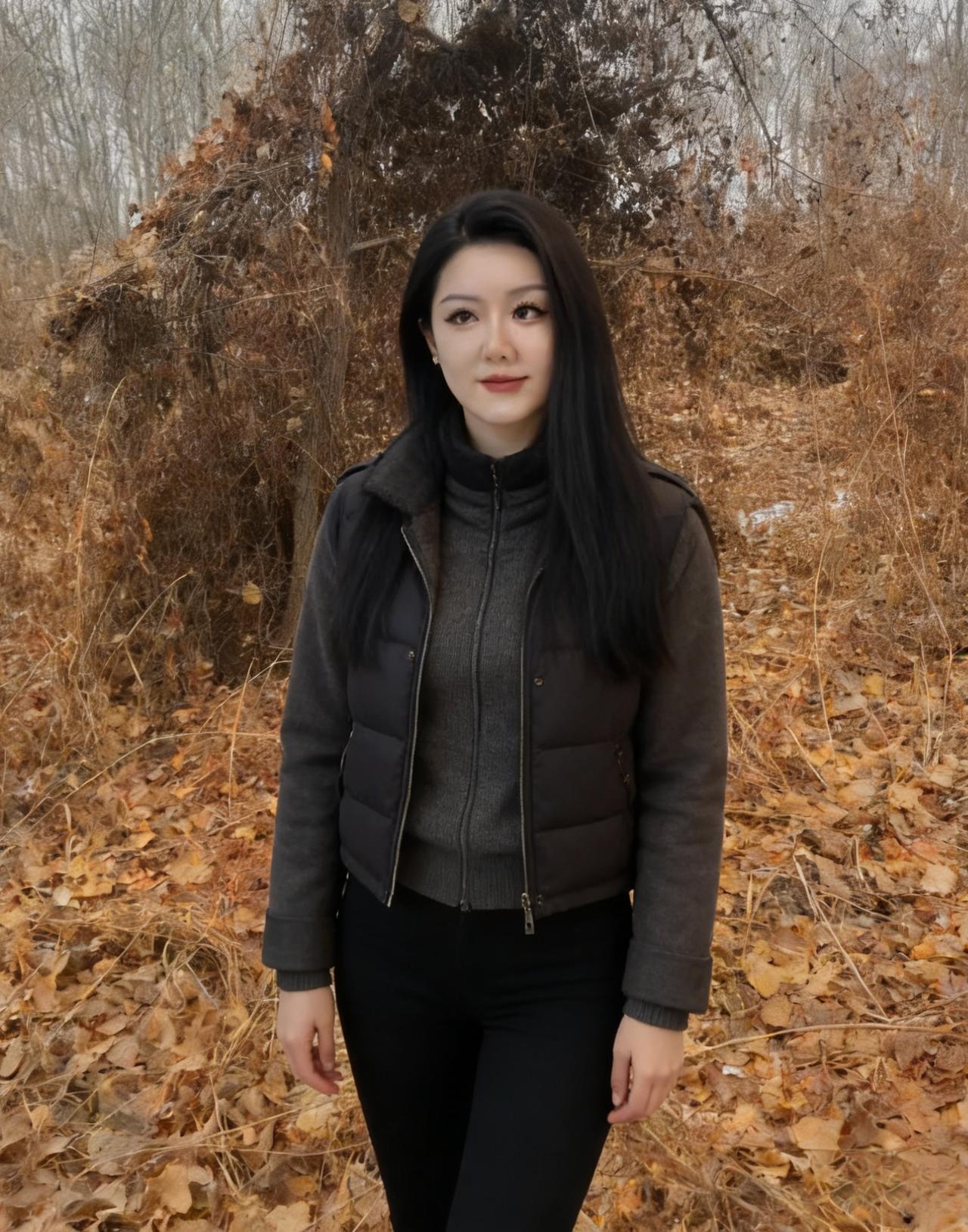 深灰的外套是土层，裹着身
像种子埋在枯叶堆里，等待春讯
黑发是根须，扎进脚下的荒