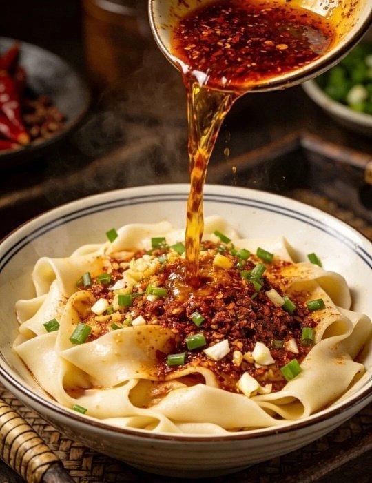 不用擀面的油泼面不用擀面的懒人油泼面：碗中放蒜末、葱花、辣椒面、白芝麻，加少许盐