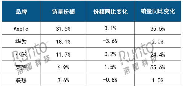 2025 年上半年，国内平板线上公开零售渠道前五是苹果、华为、小米、荣耀、联想。
