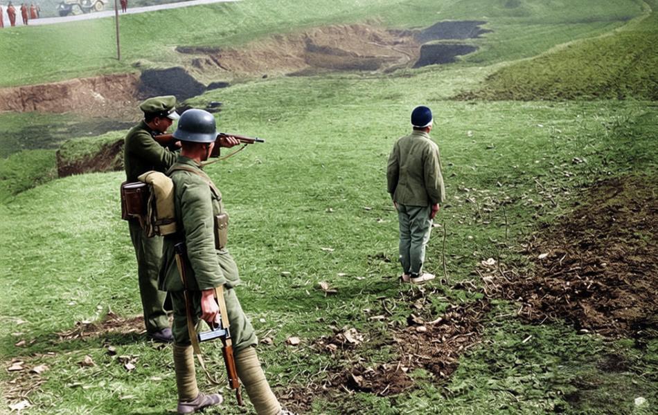 1946年12月31日，日本侵华战犯鹤丸光吉在南京雨花台刑场被执行枪决的历史瞬间