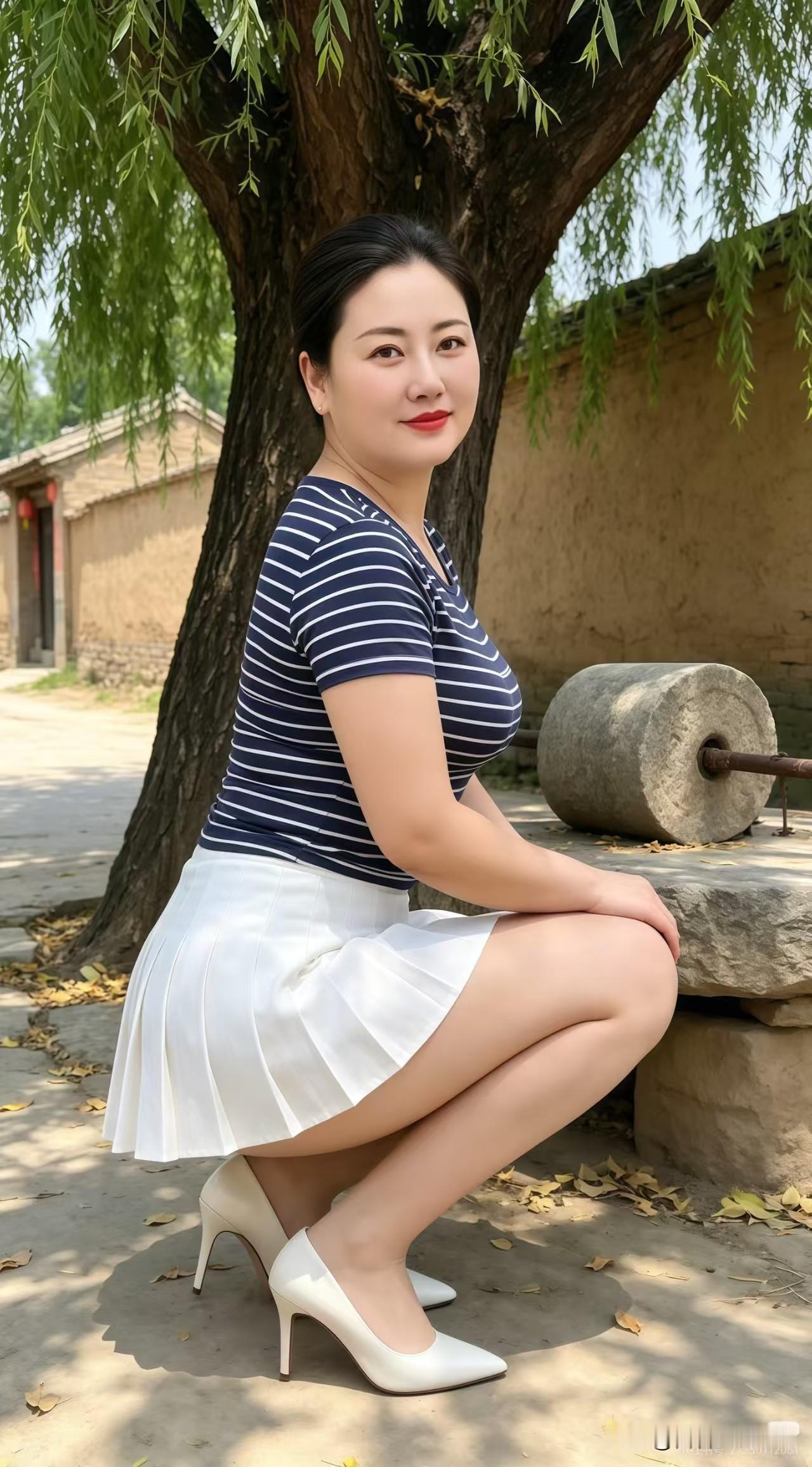 南乡子·村陌闲姿
 
古柳曳清阴，石碾残痕记旧林。
小院风柔人静立，沉吟，眉眼温