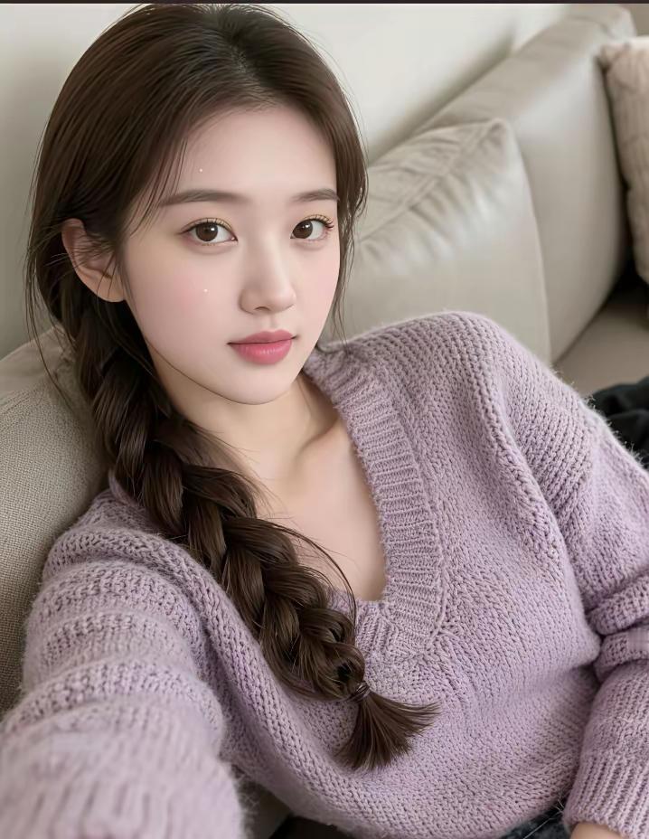 温柔甜美的自拍，紫色毛衣搭配自然妆容，元气满满的一天！