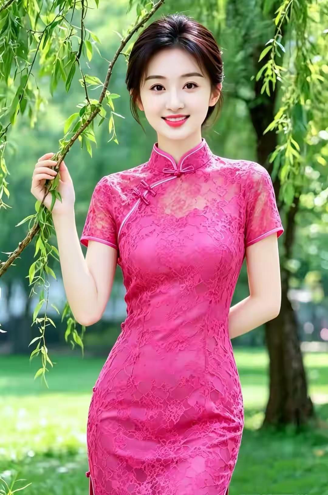 忆秦娥·柳下旗袍女
柳丝碧，
晴光漫拂佳人立。
佳人立，
粉衣轻曳，
暗香盈袂。