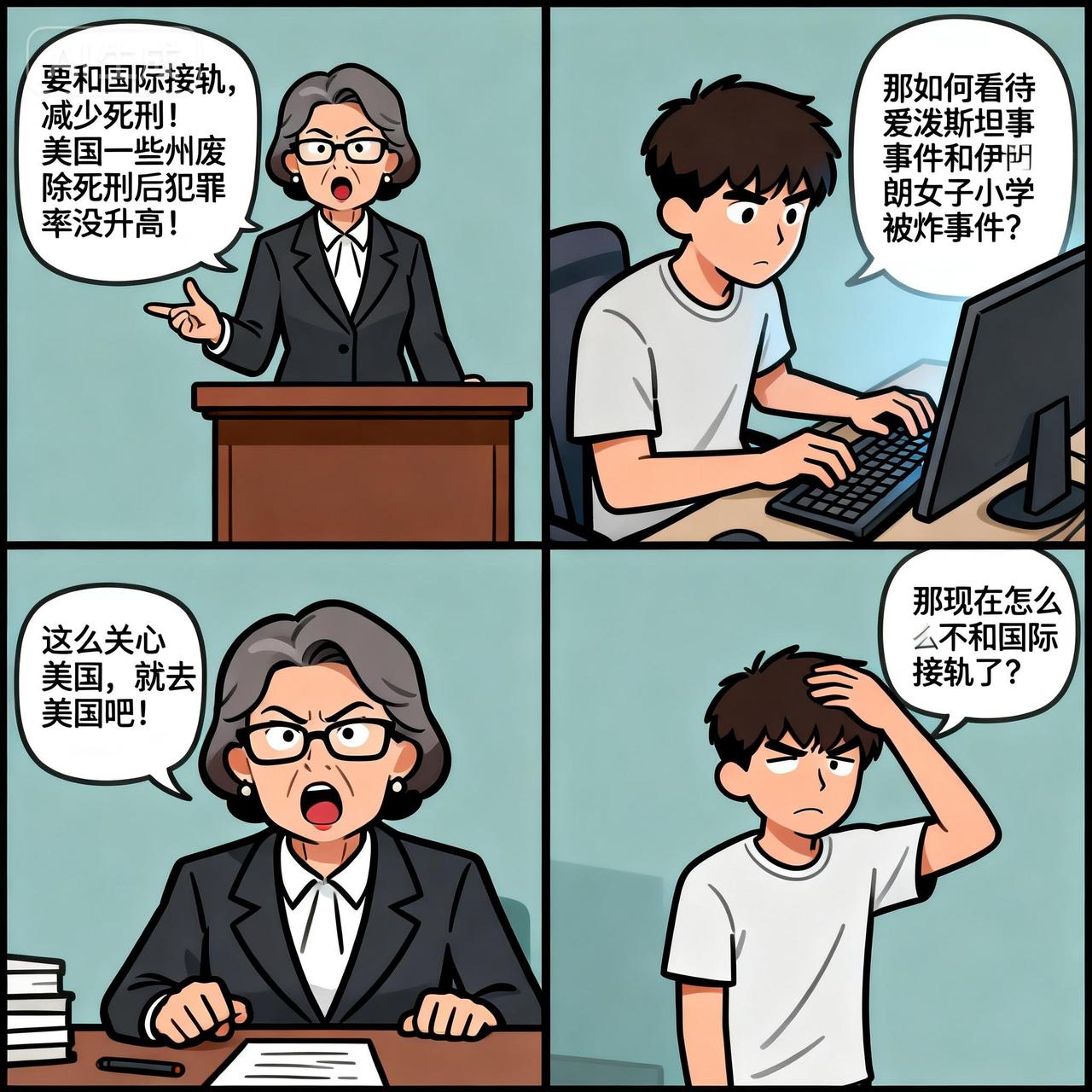 一则讽刺漫画，
第一格，一个中年女性的法学专家号召要和国际接轨，减少死刑，美国一