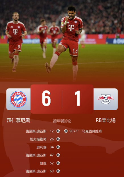 狂胜！拜仁6-1莱比锡暂居榜首 迪亚斯戴帽凯恩1射2传奥利塞传射北京时间10月1