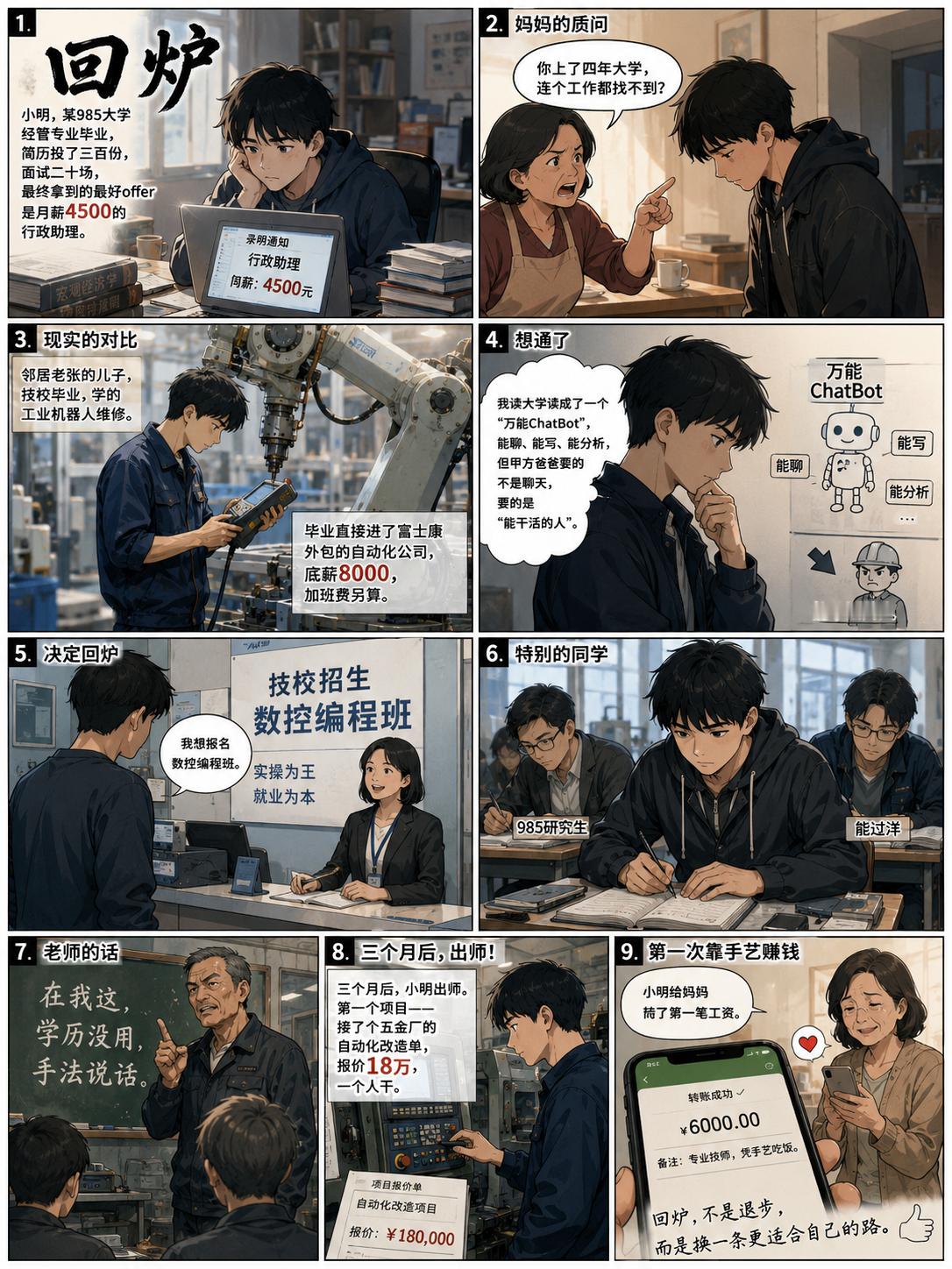 出现了个“学历逆转”的现象——高校毕业生上技校，名校出身的骄子回炉技师班，搞起了