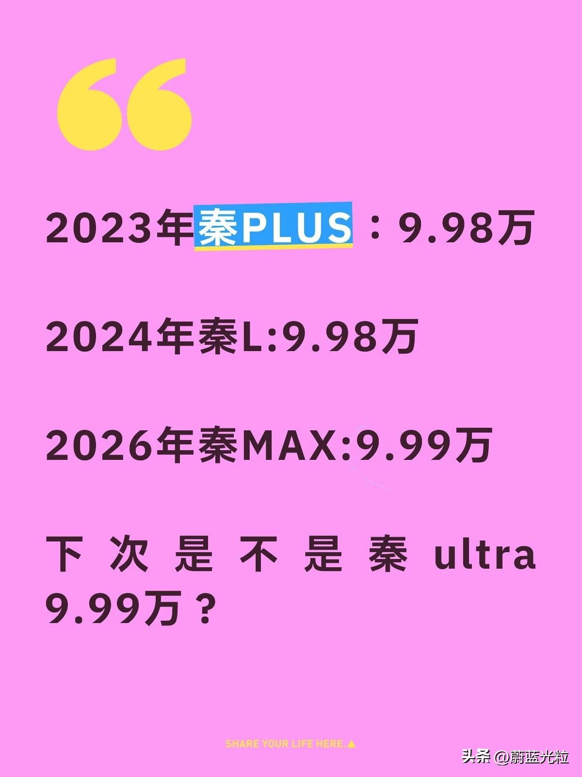 2023年秦PLUS：9.98万
​
2024年秦L:9.98万
​
2026年