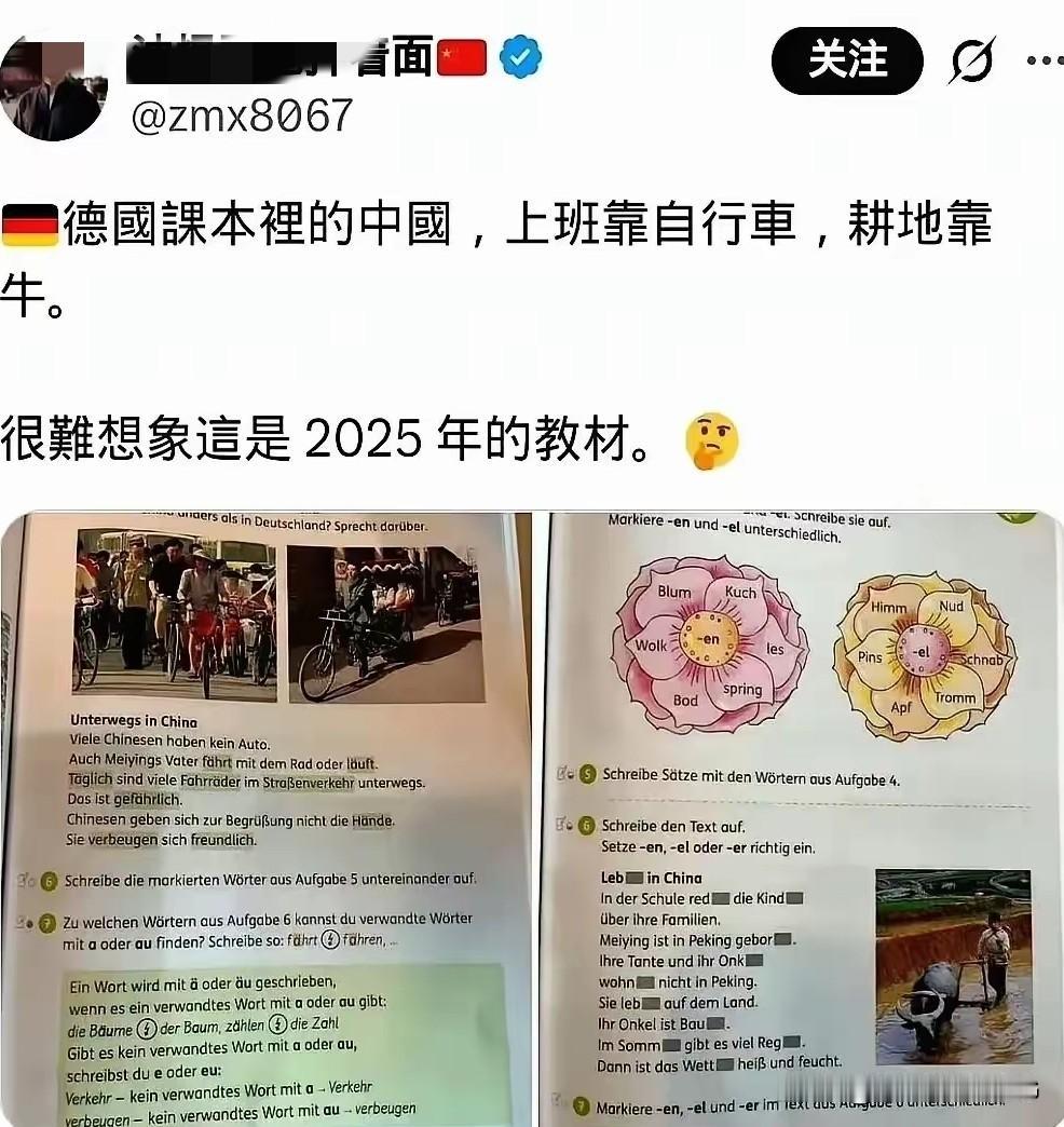中国满大街的自行车、人力三轮车，农田靠小孩牵牛来耕，德国2025年的教材就是这样