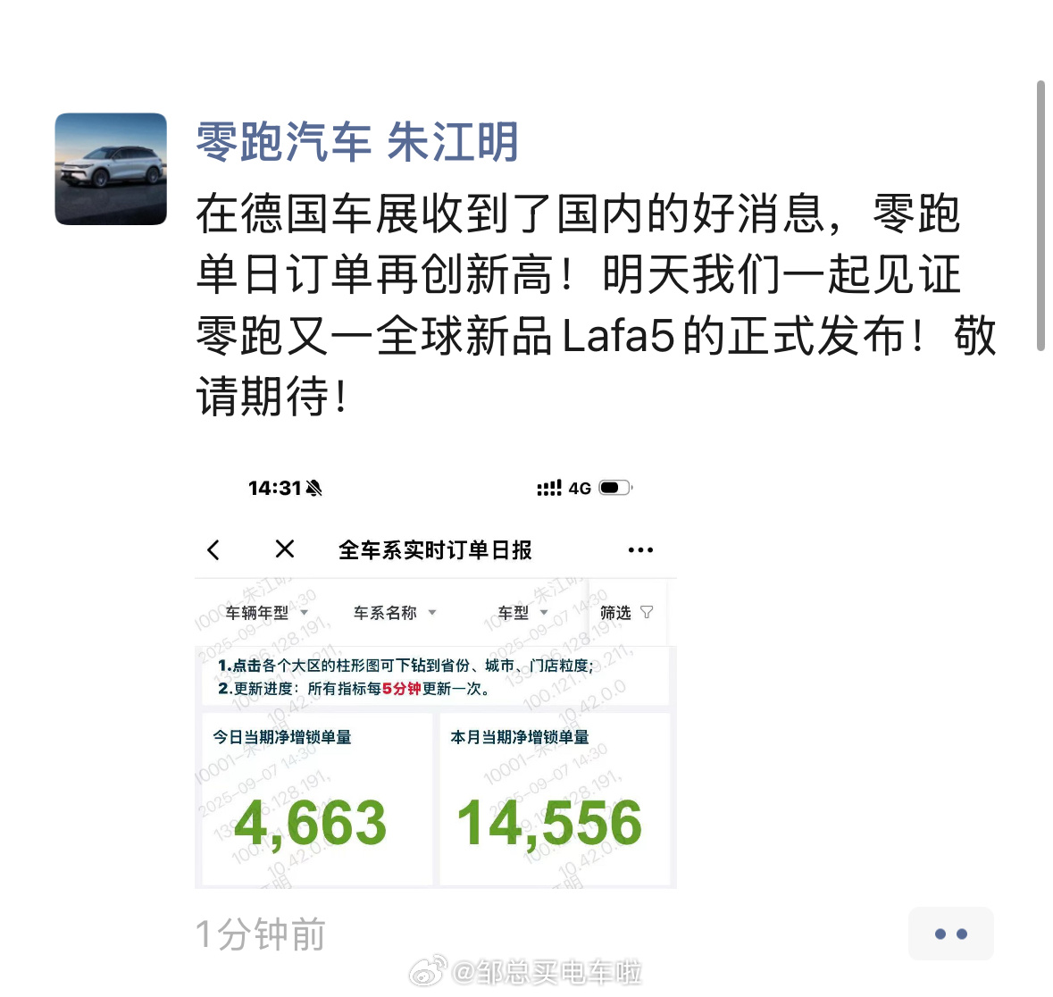 零跑汽车CEO朋友圈发的这个订单系统有点凡尔赛哦。单日净增锁单量4663、本月累