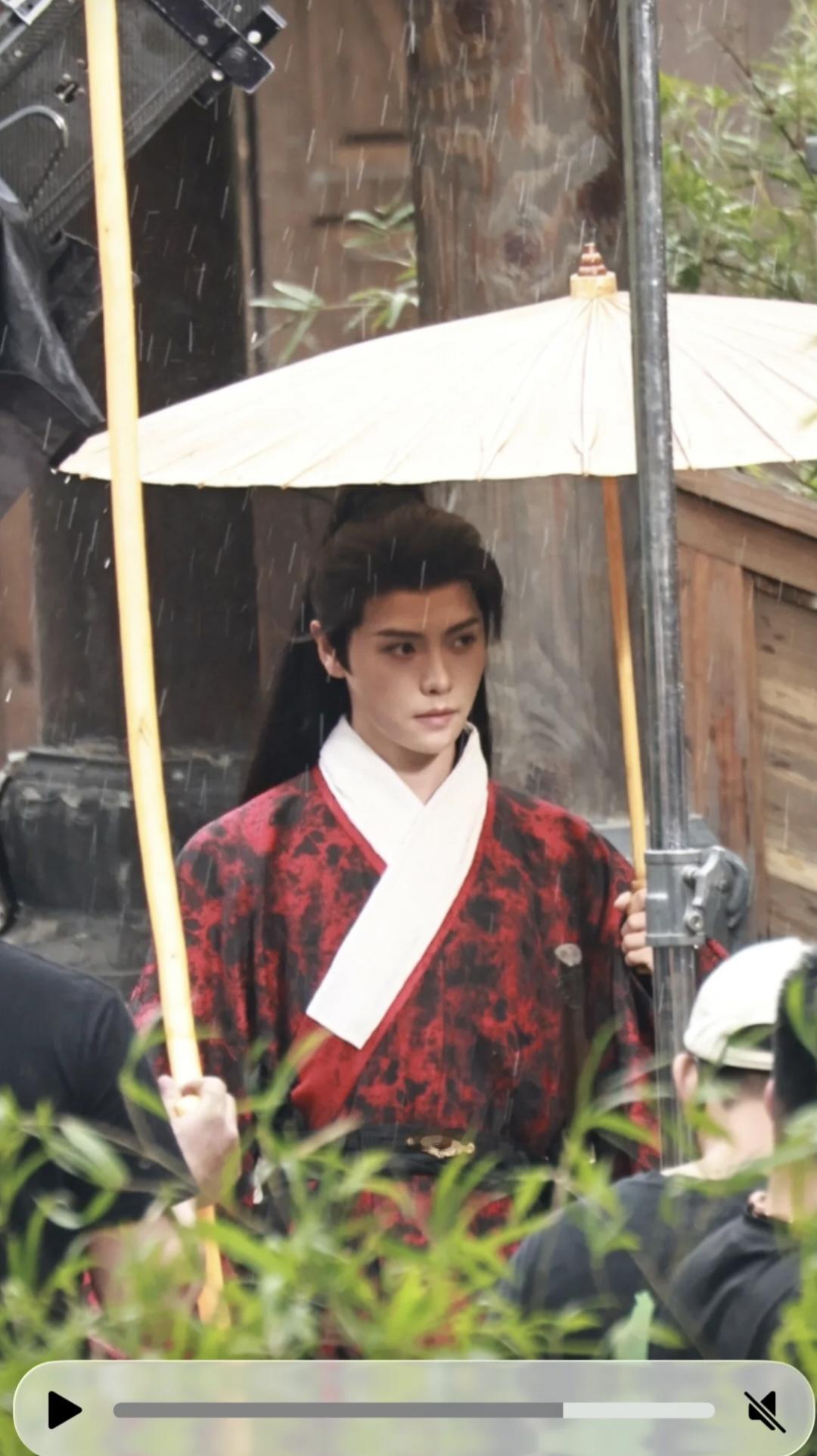 雨中撑伞花六童 