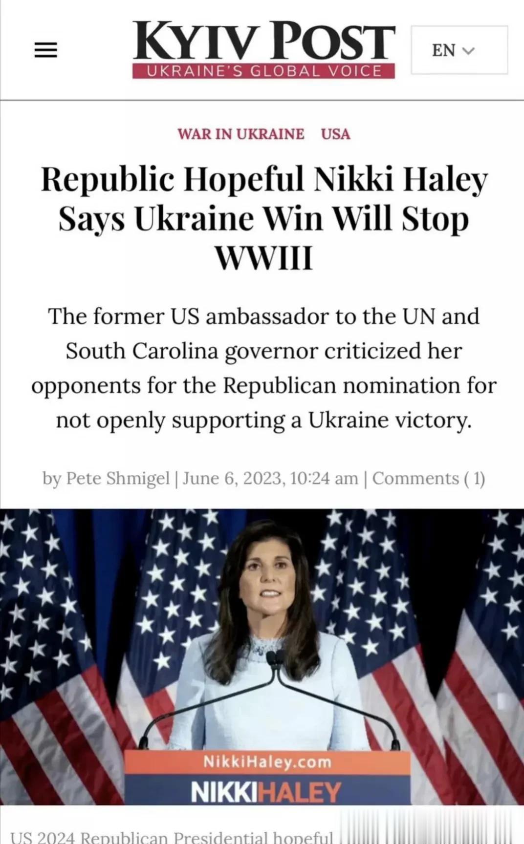 美国共和党总统候选人尼基·黑莉称，乌克兰的获胜将阻止第三次世界大战。
她还声称，