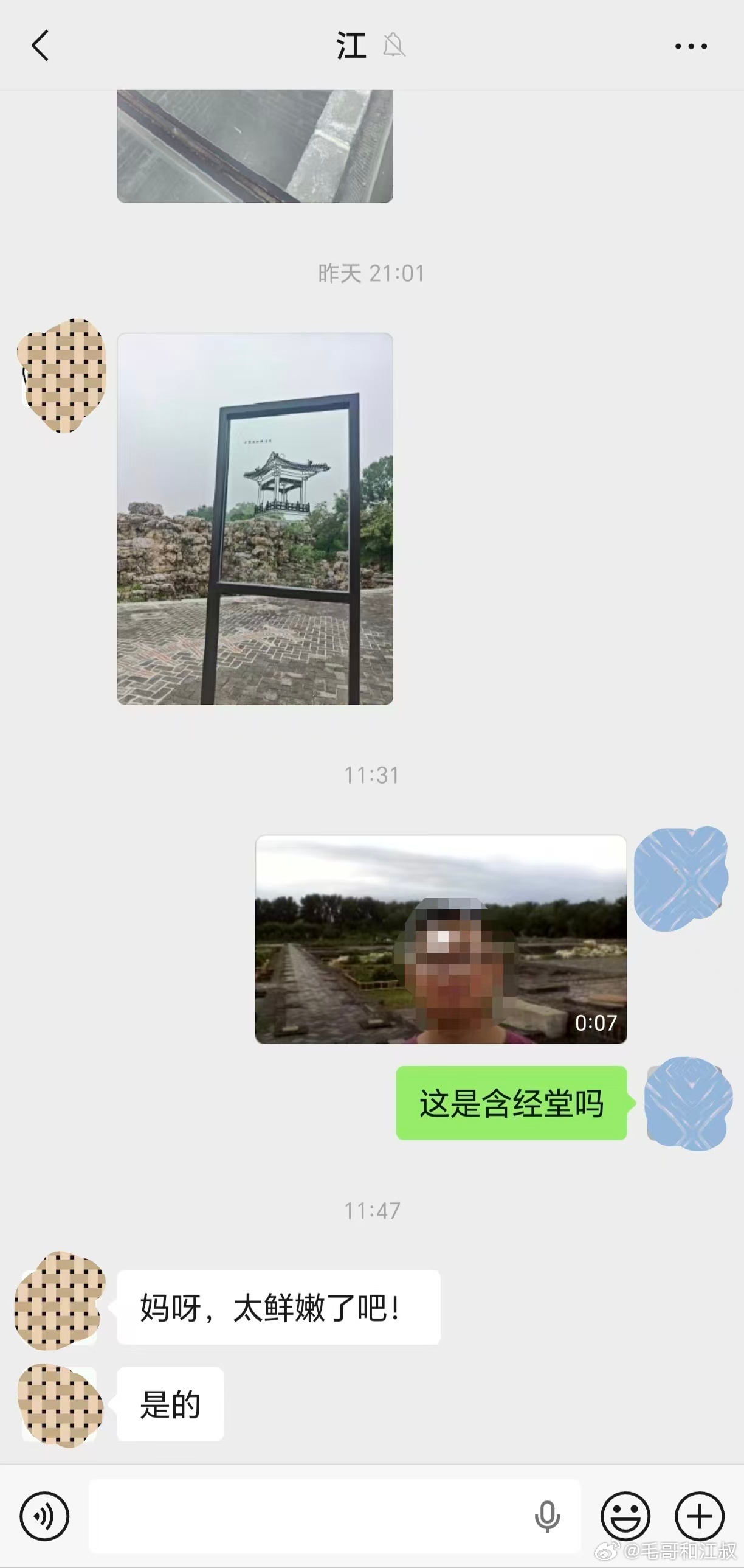 我把10年前在圆明园含经堂自拍的视频翻出来发给江哥。江哥说：“你那时候也太鲜嫩了