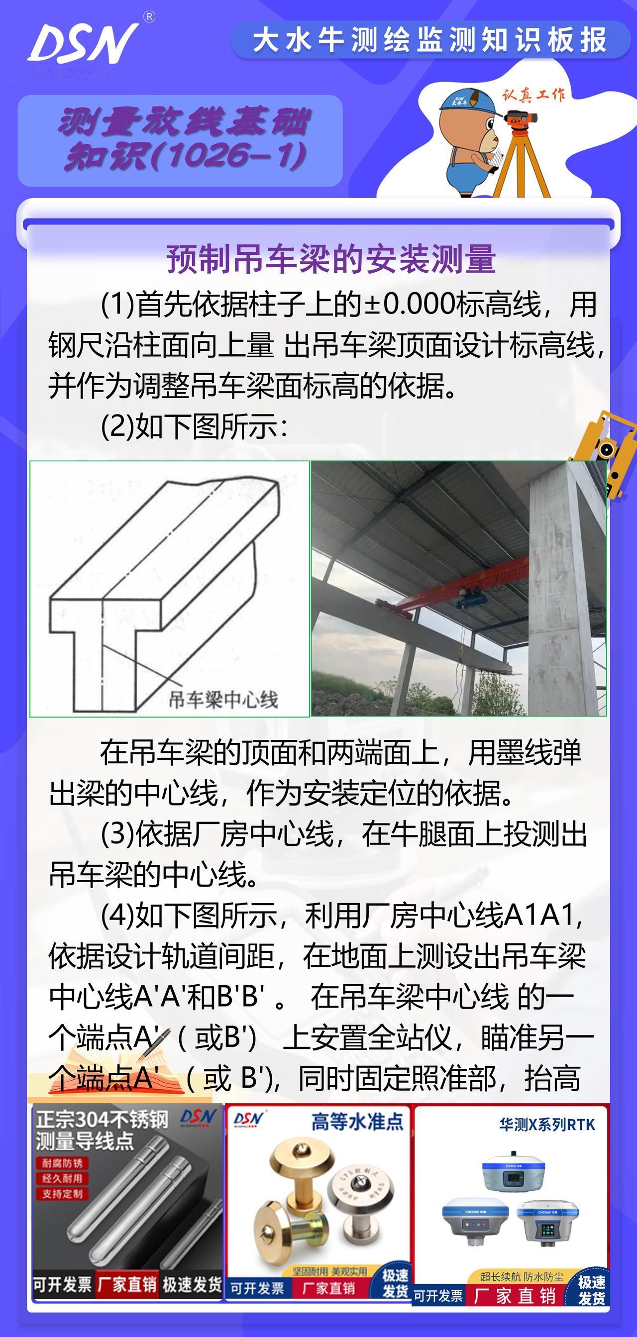 赛维板报|预制吊车梁的安装测量
吊车梁安装就位后，先按柱面上定出的吊车梁设计标高