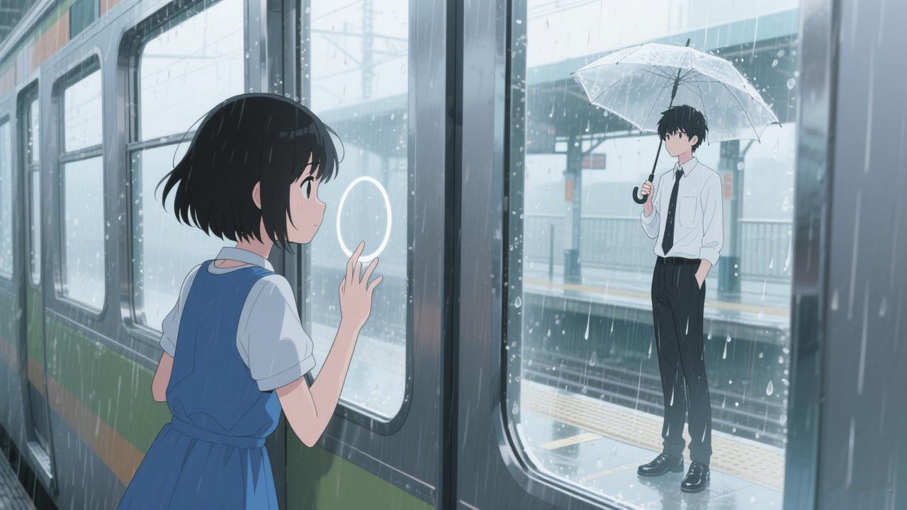 异地恋情侣雨中分别 男孩追轻轨

雨点子砸在轻轨玻璃上，像没关紧的水龙头。
女孩
