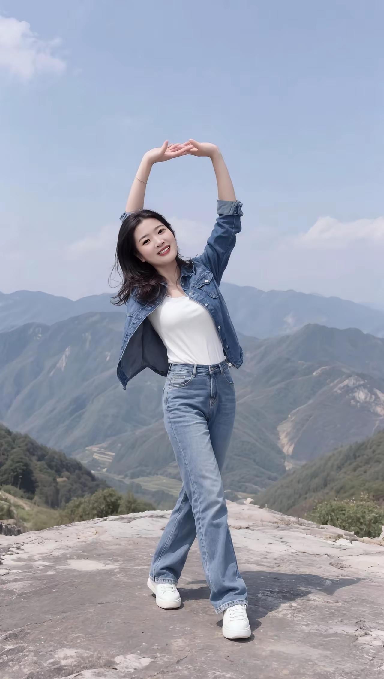 在山巅跳跃，拥抱自由与美好！🌿💃🏻