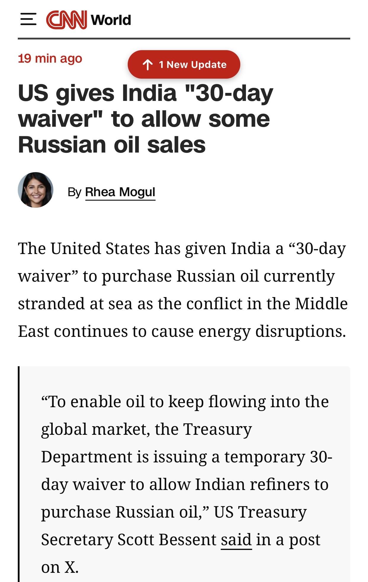 美媒：美国给予印度“30天豁免”，允许继续从俄罗斯购买部分石油

美国有线电视新