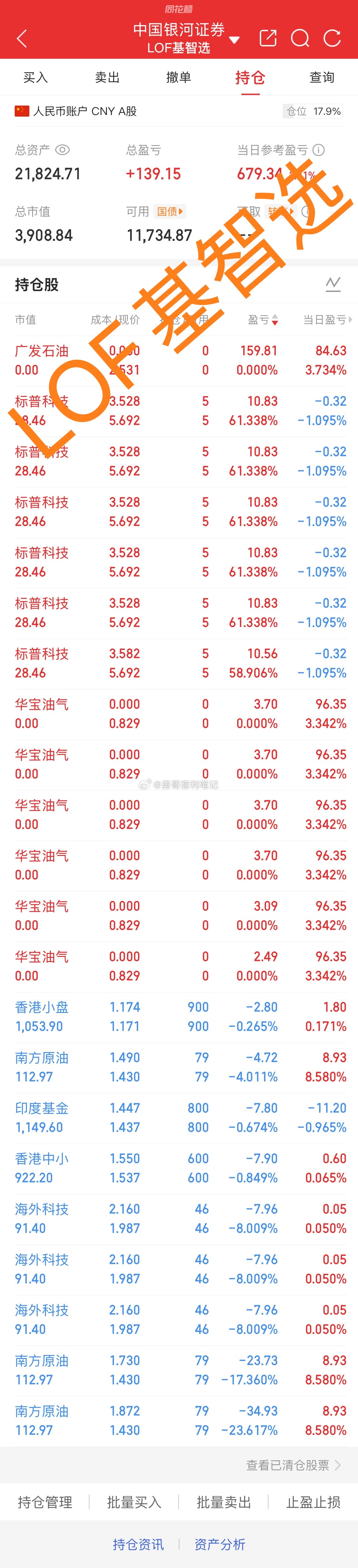 基金套利 两只，标普信息科技溢价率3%，限额10，华宝油气 溢价率2%限额500