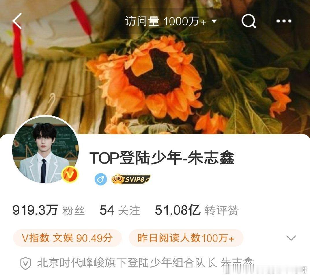 朱志鑫微博访问量1000w，团内第一 ​​​