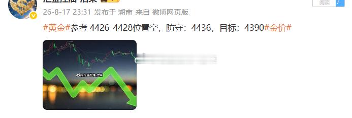 黄金4426位置空，行情如期下跌，在4417位置空单顺利浮盈90个点，以实力立足