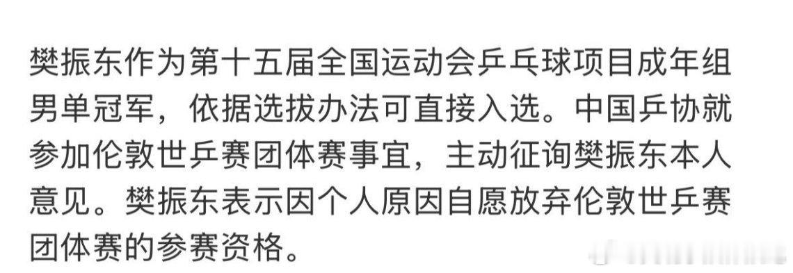 樊振东放弃伦敦世乒赛资格不要说什么运动员自愿不参加、俱乐部合约有冲突，诸如此类糊
