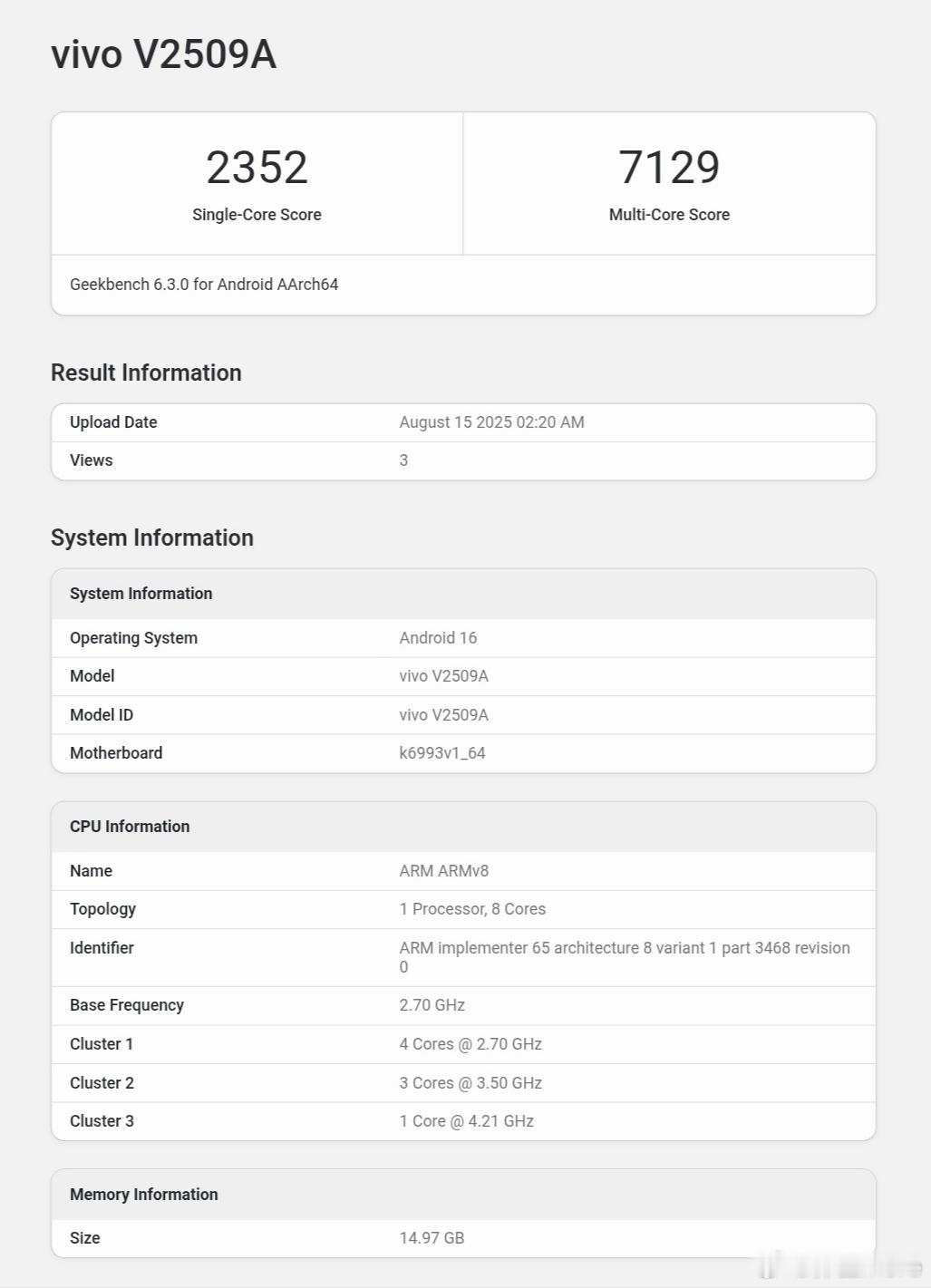 天玑9500跑分，vivo X300？CPU是1*4.21GHz Travis+