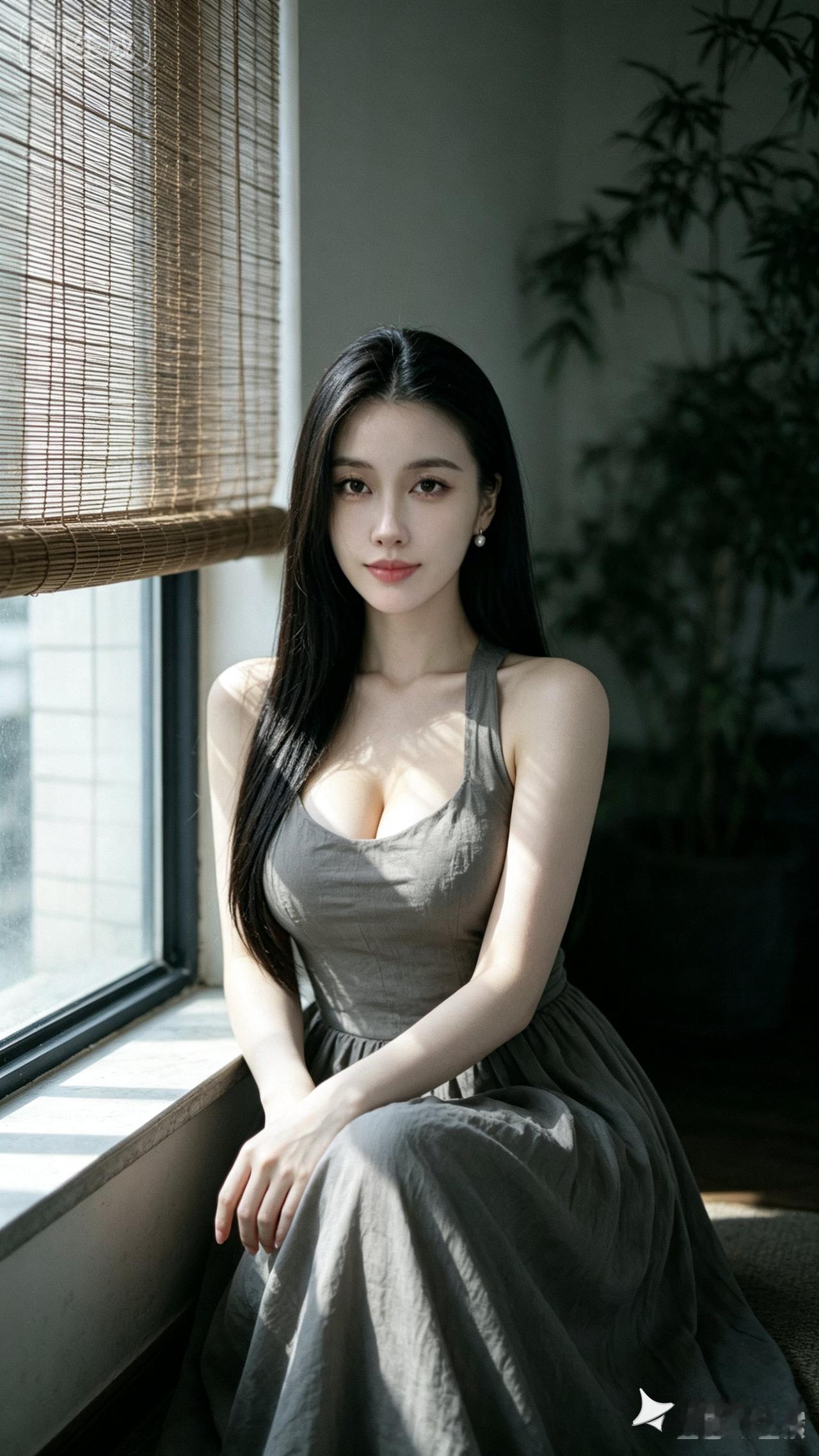 一个女孩坐在窗边，穿着灰色连衣裙。