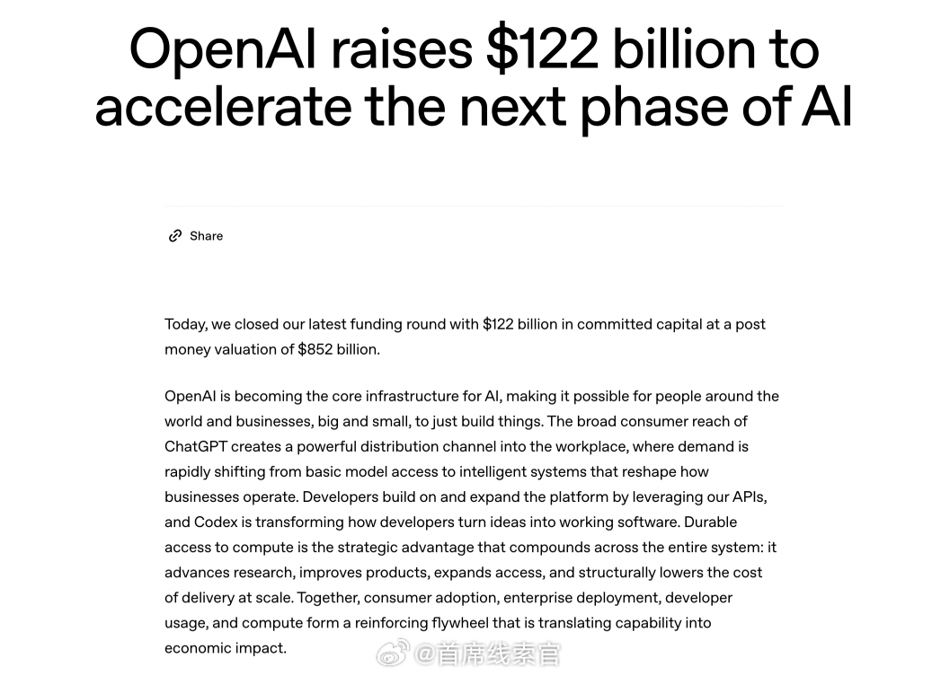 OpenAI 宣布融资 1220 亿美元，投后估值为 8520 亿美元。 308