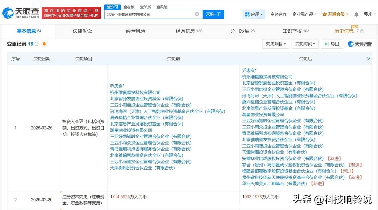 【茅台旗下基金等入股具身智能机器人公司小雨智造】
天眼查App显示，近日，北京小