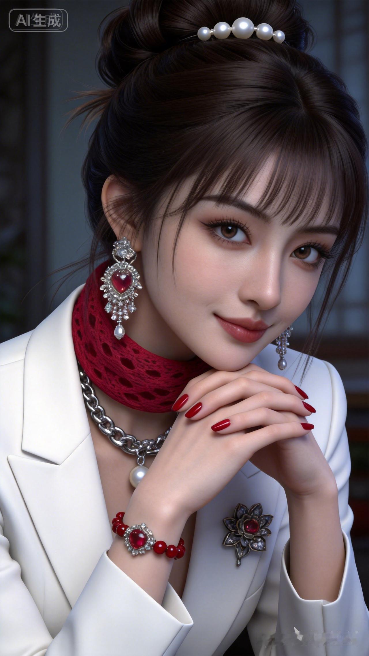鹅蛋脸职场女性蓬松盘发，白西装配花朵胸针，红唇浅笑姿态优雅。室内棚拍上半身特写，