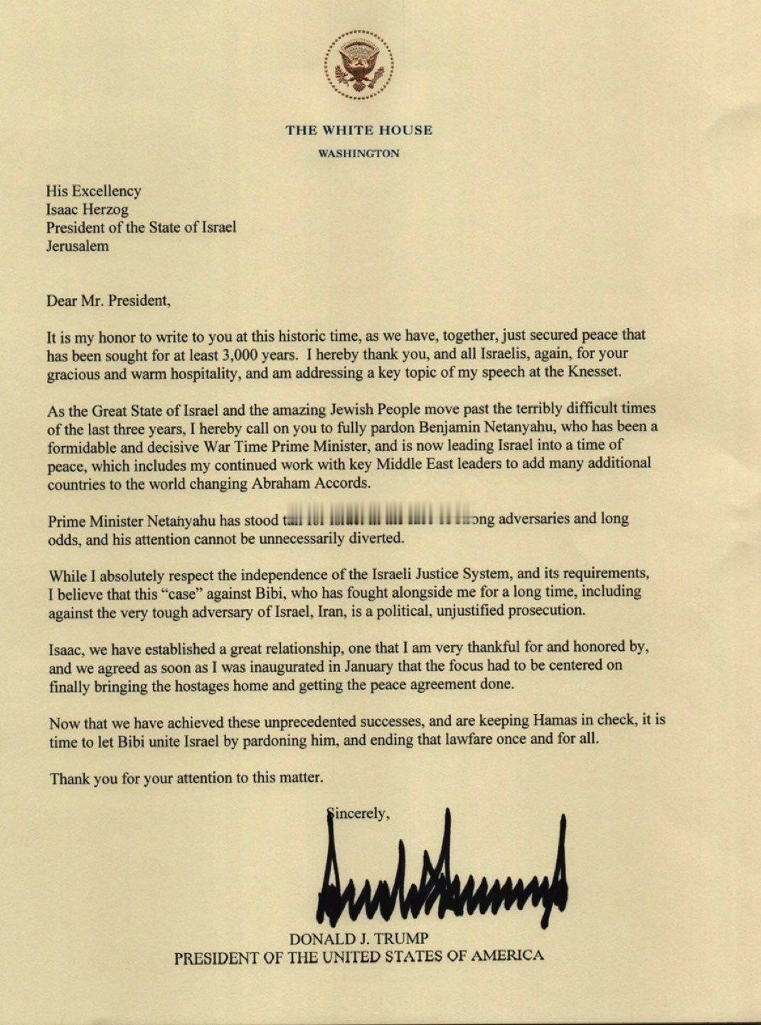 特朗普又干涉以色列内政了。特朗普致信以色列总统赫尔佐格，请求他赦免以色列总理内塔
