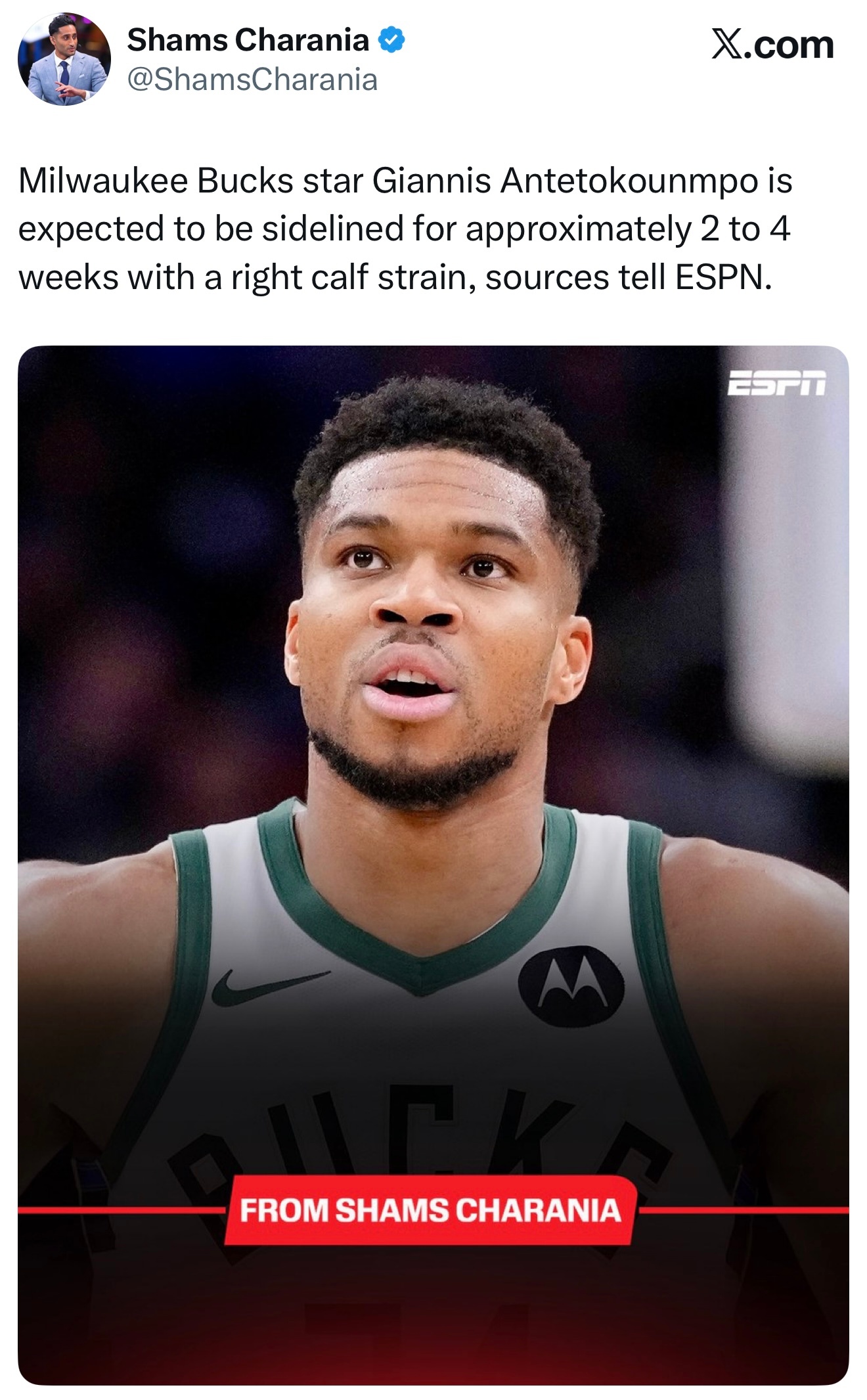 Shams：字母哥右小腿拉伤，缺席2-4周！ 