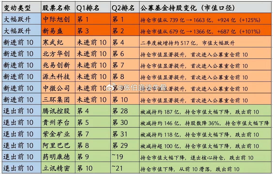 二季度公募基金全面拥抱了AI科技，公募基金的前十大持仓最近全部公布了，复盘后，我