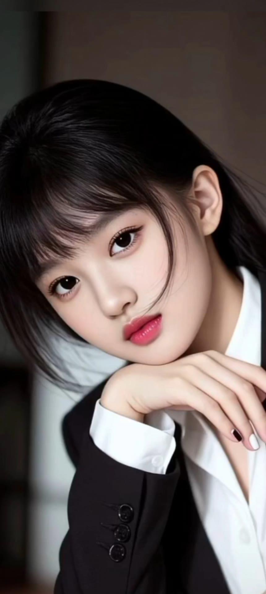 温柔甜美的少女，黑发红唇，优雅迷人。