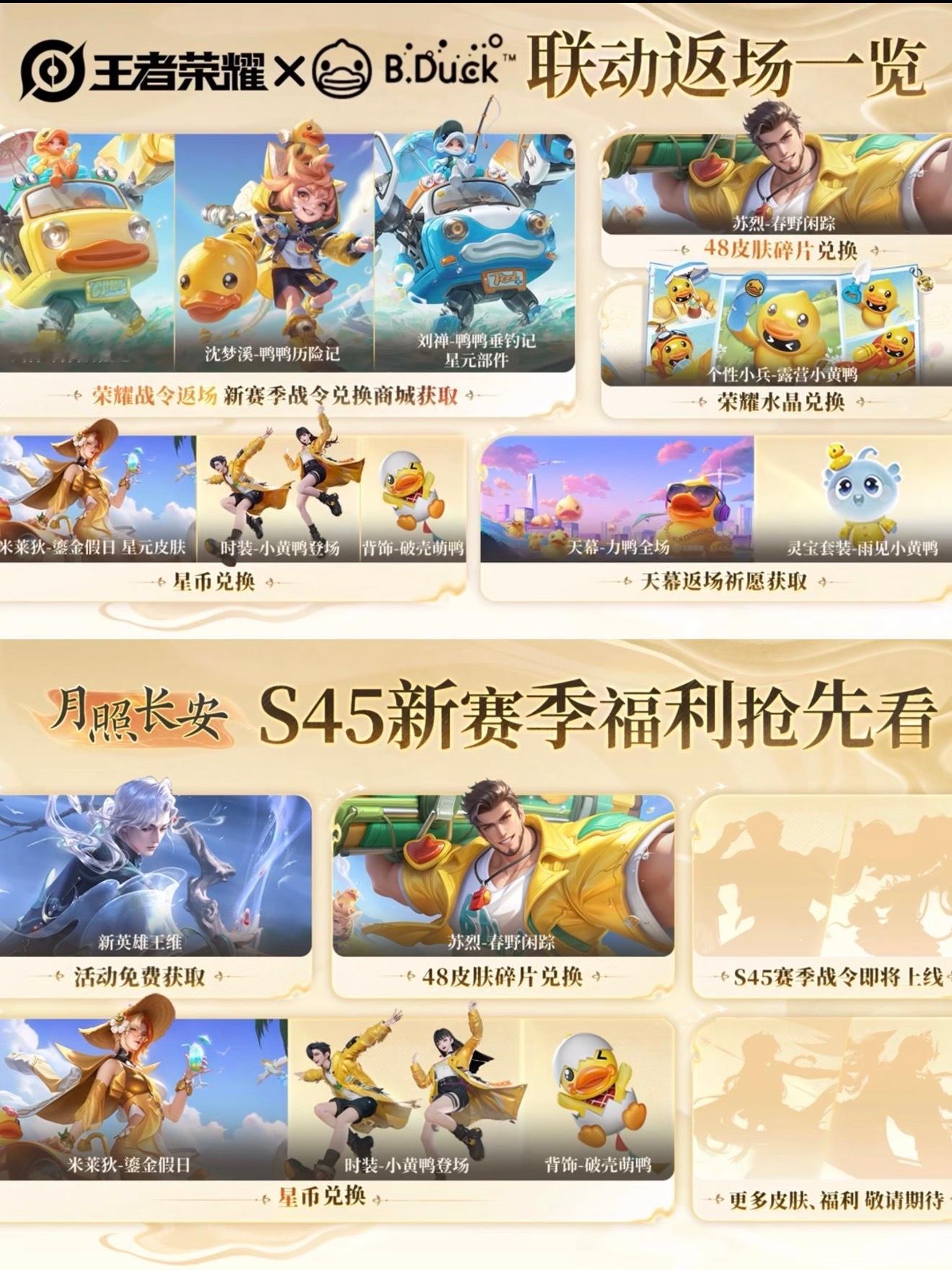 王者荣耀[超话]王者小黄鸭联动返场 王者荣耀S45新赛季 小黄鸭返场 新皮剪影是