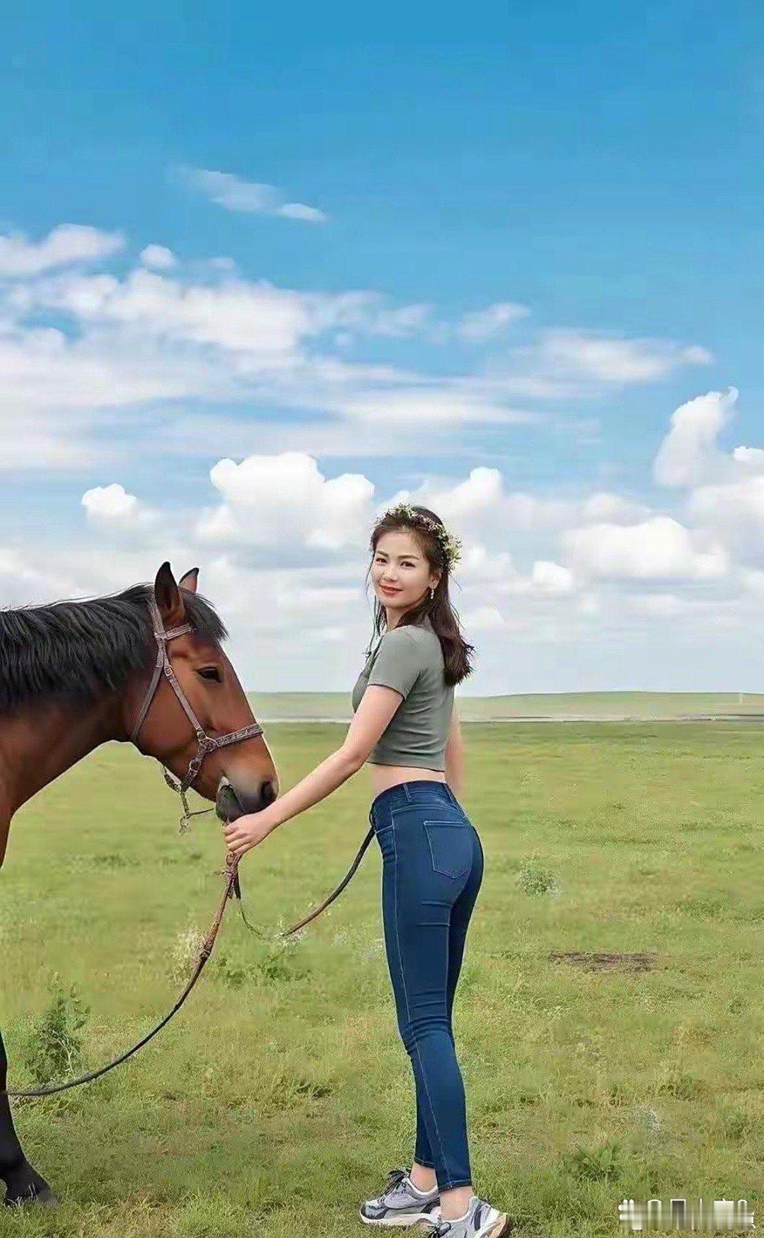 刘涛立于绿野，与马儿相伴，抓拍自然静谧，画面绝美。 ​​​