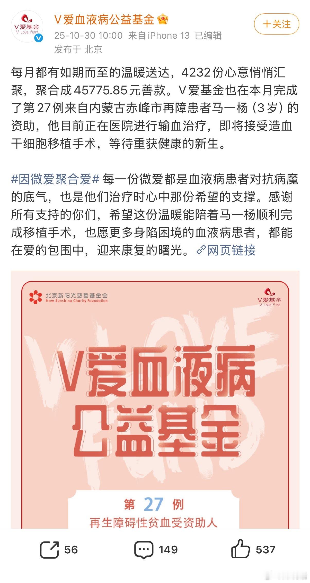 有人虽然身不在江湖，但她的爱依然在延续。V爱血液病公益基金会十几年如一日，因微爱