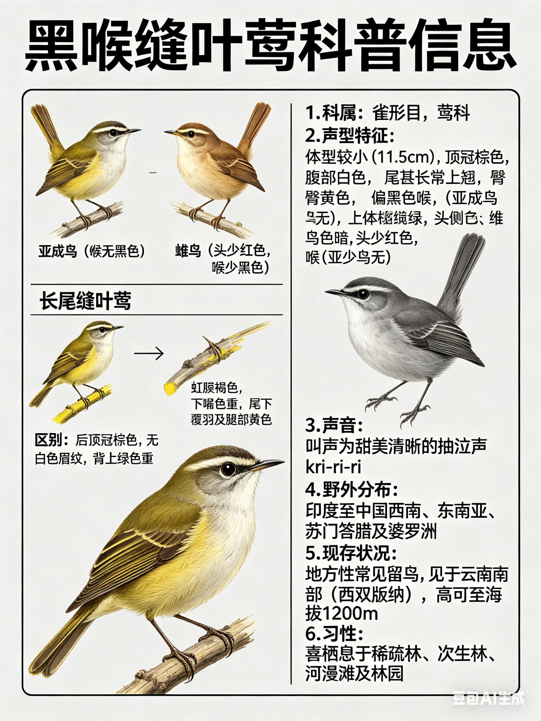 鸟类朋友图鉴 黑喉缝叶莺·科属：雀形目，莺科。·外形特征：体型较小（11.5cm