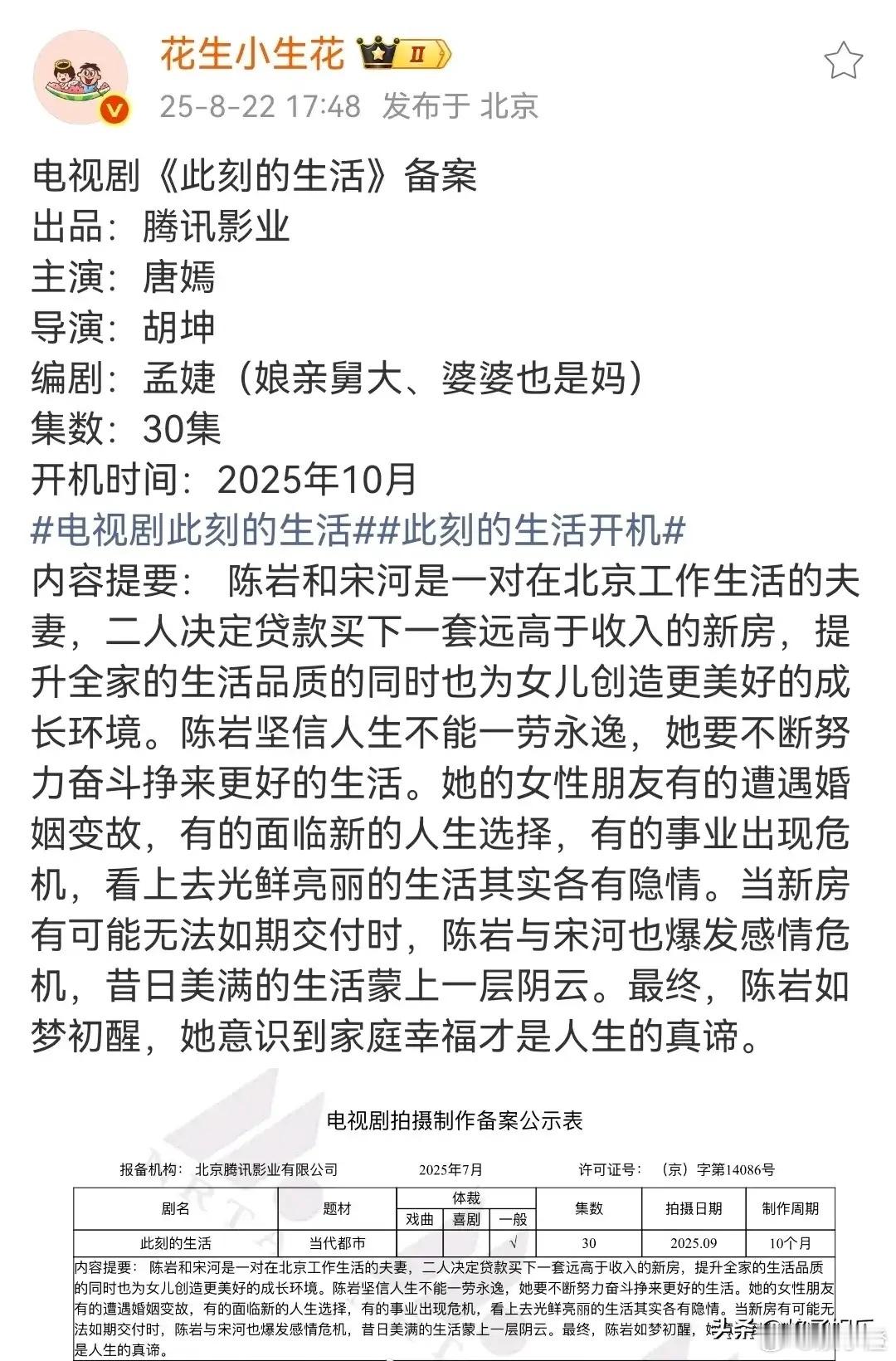 唐嫣要正式开启演妈妈的新征程啦！🐧的新剧《此刻的生活》已经正式备案，10月份就